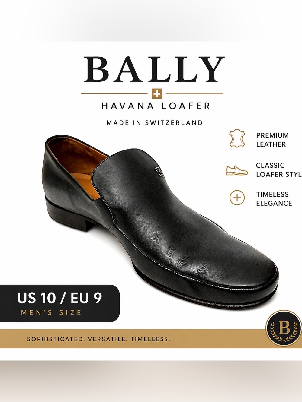 Bally Havana Black Leather Slip On Dress Loafers US 10 EU 9 Switzerland